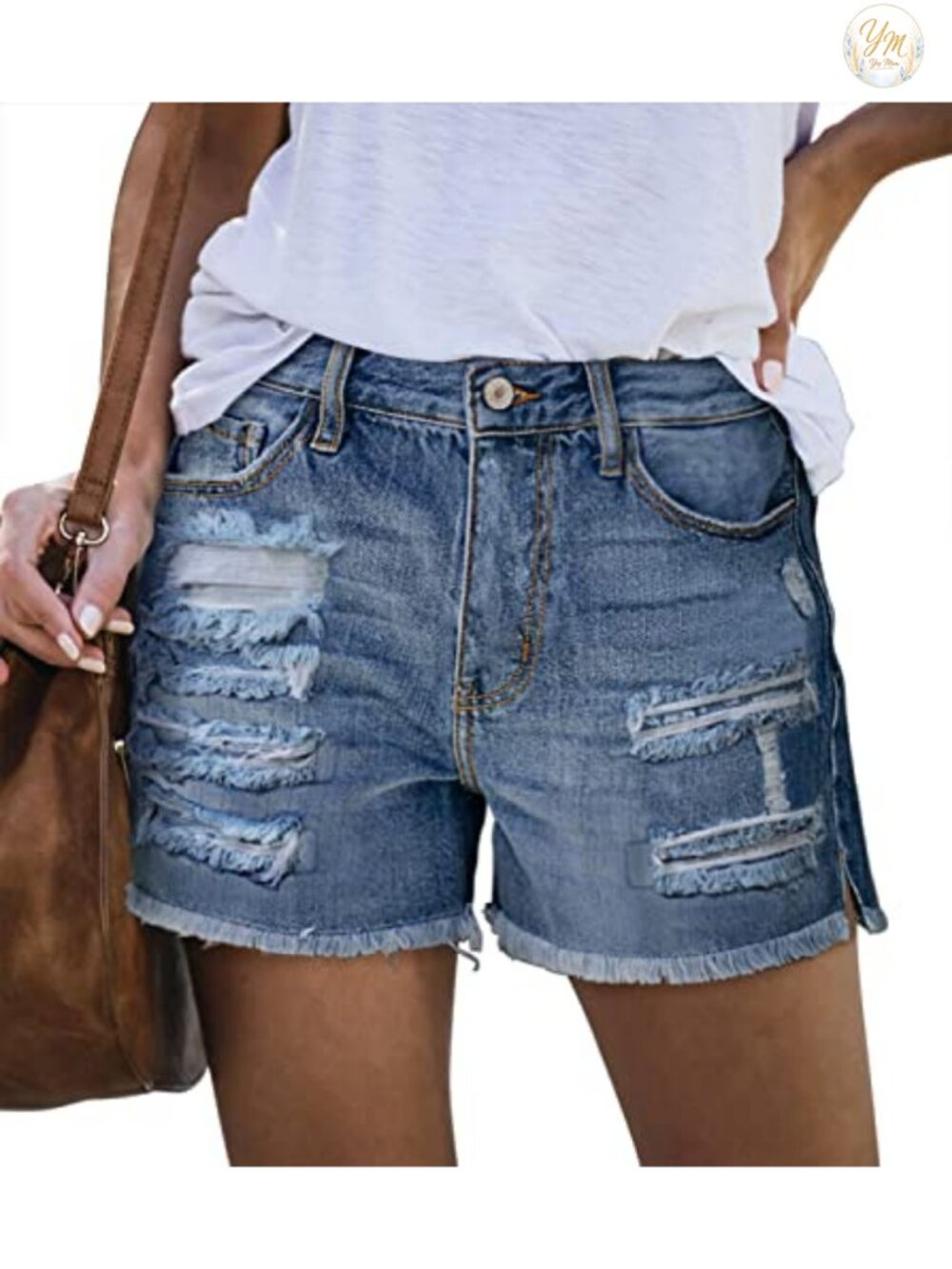 High Waisted Distressed Denim Jean Shorts Frayed Raw Hem Stretchy Summer